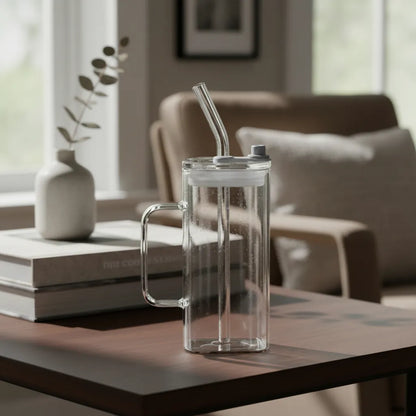 Vaso Square Con Asa, Tapa y Sorbito 380ml