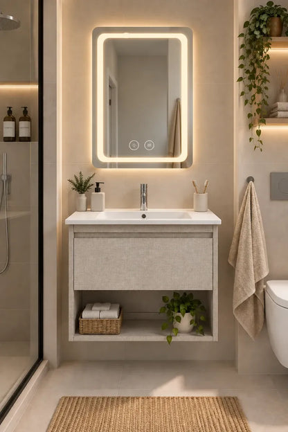 Set Completo De Baño Con Espejo Led Y Mueble Con Bacha Gris Blanco Un Agujero