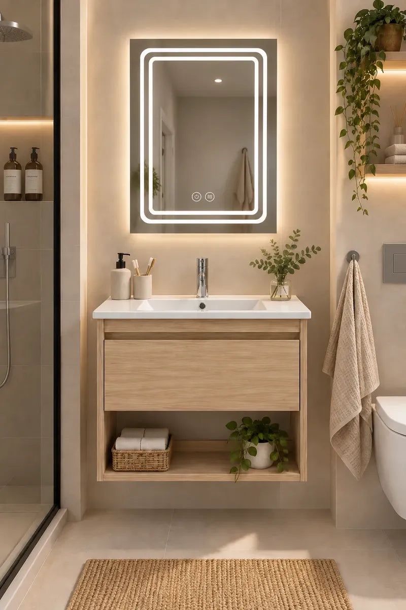 Set Completo De Baño Con Espejo Led Y Mueble Con Bacha