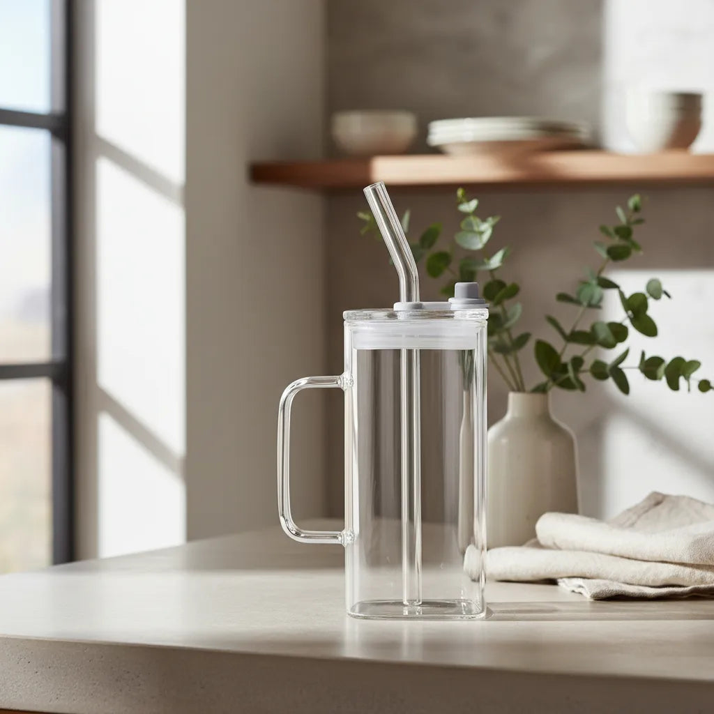 Vaso Square Con Asa, Tapa y Sorbito 380ml