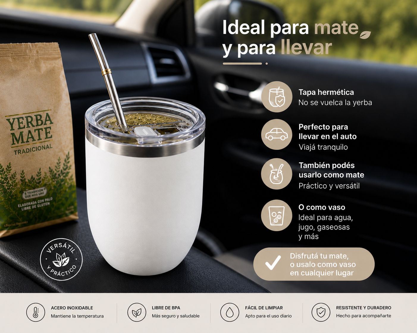 Mate Térmico de Acero Inoxidable con Tapa Hermética 360ml
