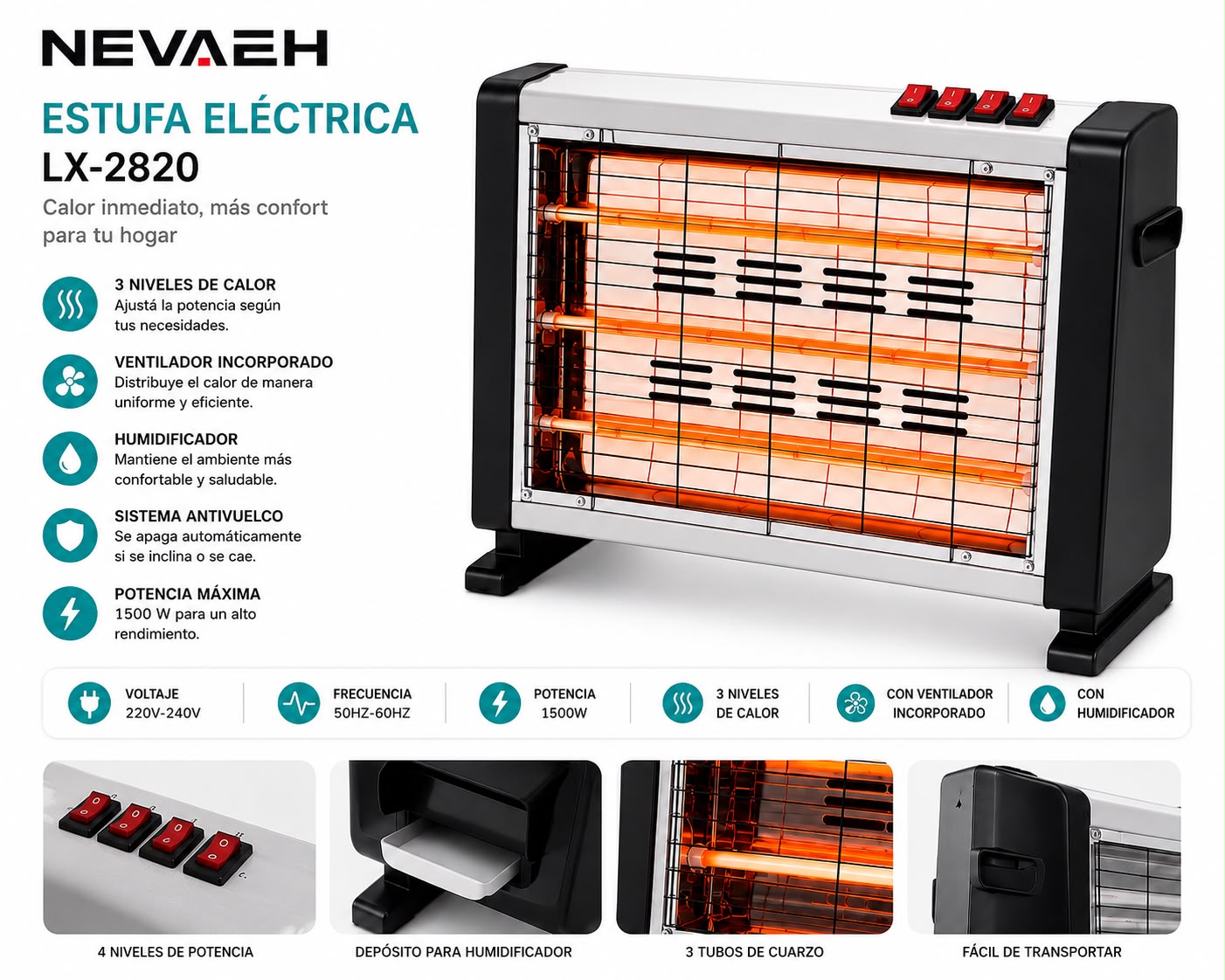 Estufa Eléctrica Nevaeh LX-2820 1500W con Humidificador