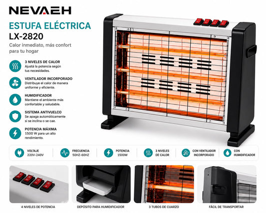 Estufa Eléctrica Nevaeh LX-2820 1500W con Humidificador