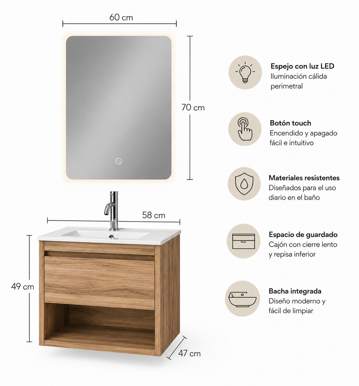 Set Completo De Baño Espejo Led Y Mueble Con Bacha 58x49x47