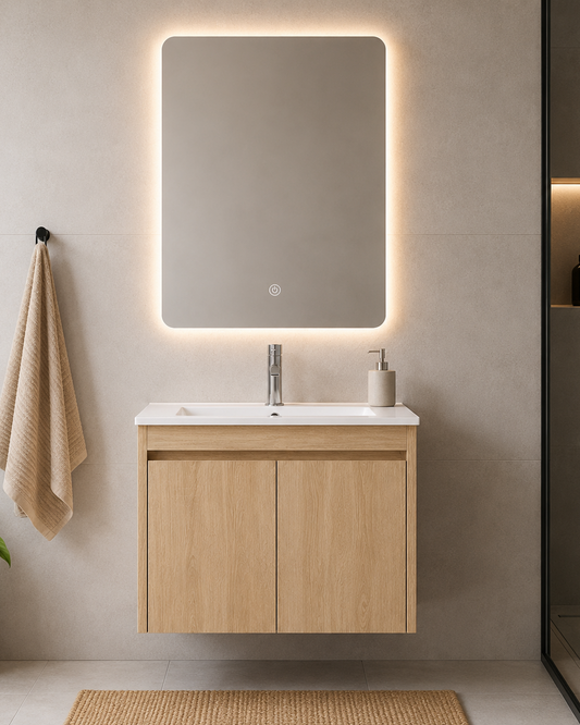 Set Completo De Baño Espejo Led Y Mueble Con Bacha 58x49x47