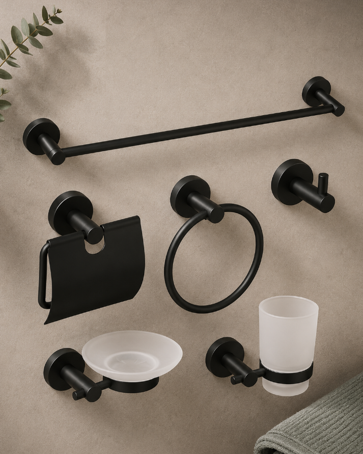 Set de Accesorios de Baño Base Redonda Negro Mate