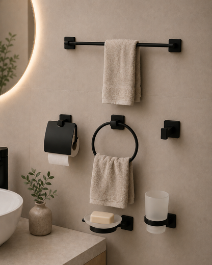 Set de Accesorios de Baño Base Cuadrada Negro Mate