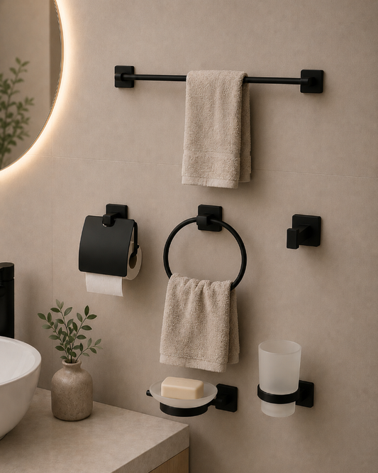 Set de Accesorios de Baño Base Cuadrada Negro Mate