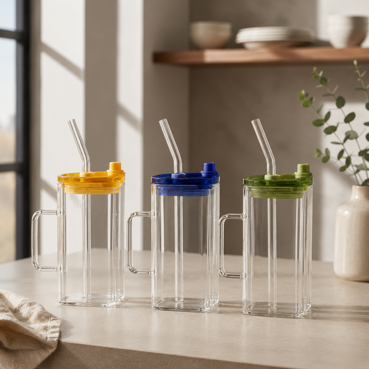 Vaso Square Con Asa, Tapa y Sorbito 380ml