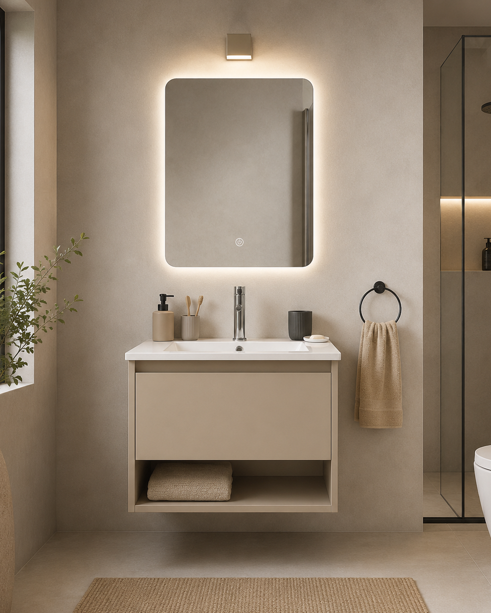 Set Completo De Baño Espejo Led Y Mueble Con Bacha 58x45x45,5cm