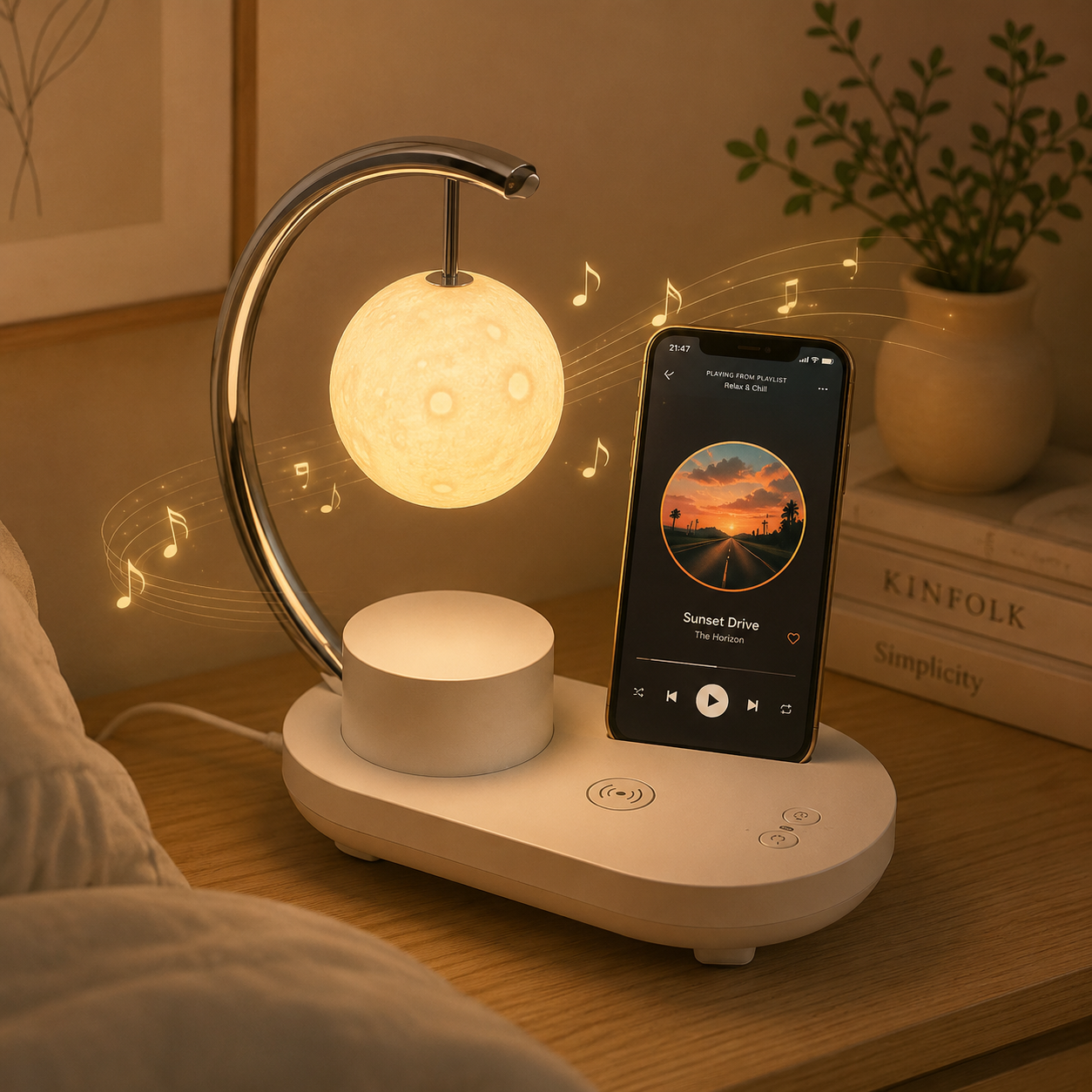Veladora Luna, Reproductor de Música & Cargador Inalámbrico iPhone