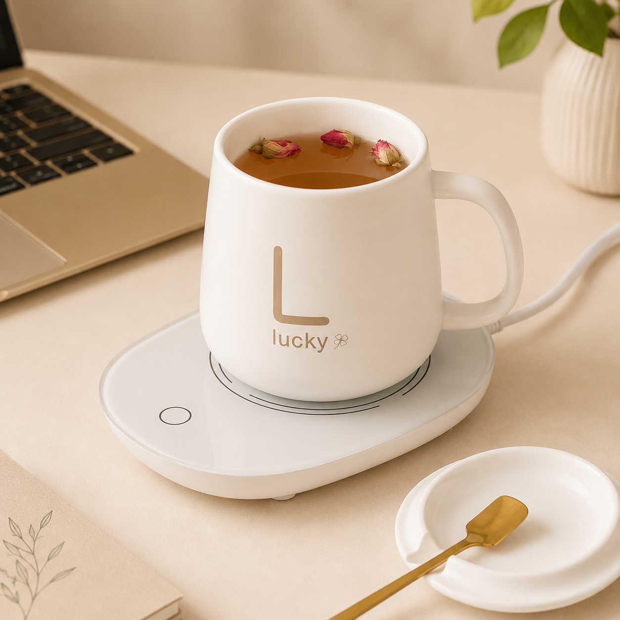 Taza Lucky de Cerámica con Base Calentadora