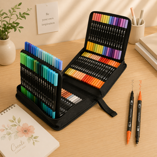 Marcadores Doble Punta 100 Pcs Punta Fina + Pincel Color Mix
